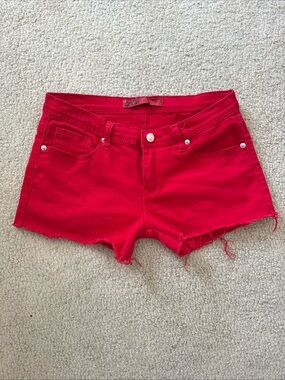 U-51 Red Denim Jean Shorts Distressed Frayed Hem Stretch | Women's Size 11
